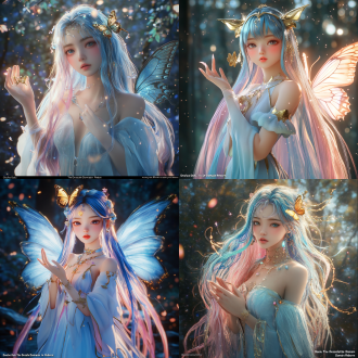 斗罗大陆绝世唐门女主角全身肖像，星斗大森林，蓝粉长发金蝶发饰，淡蓝长裙，掌心悬浮武魂，电影级逆光，虚幻引擎5，8k写实。