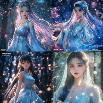 斗罗大陆绝世唐门女主角全身肖像，星斗大森林，蓝粉渐变长发，淡蓝绸裙，悬浮光明女神蝶武魂，电影级逆光，虚幻引擎5，8k写实。
