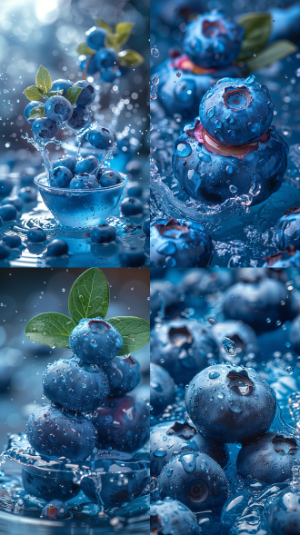 蓝莓创意广告，鲜切蓝莓带水珠，螺旋切片变果子入包装，飞溅果汁，虚幻蓝莓园，尼康d610，24-120镜头，8k画质，柔和体积光，清新蓝色调，细节丰富，动态捕捉，创意构图。