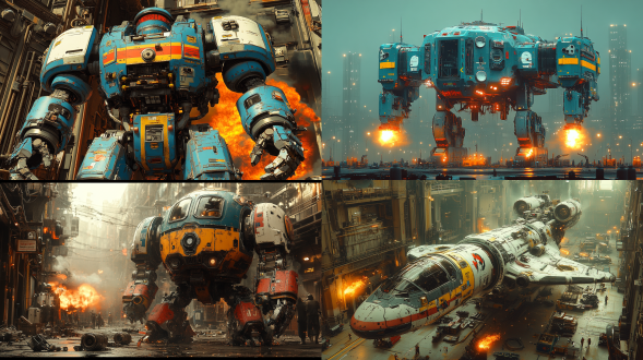 蓝黄白红相间机器人肩抗超级电磁轨道炮，在巨型室内维修工厂中央进行修理，机器人占画面面积的一半，造型英朗，充满压迫感，机甲身上有各式武器，地上还有许多机器人残骸，多处弹痕，战损状态，火光冲天，气氛很紧张，边上放着许多配件，升降机，冷色顶光，描边科幻风，三分构图，广角。