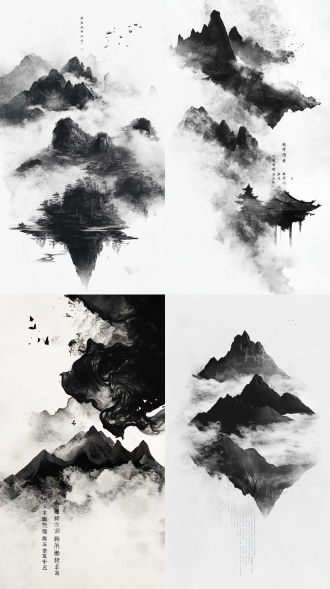 主题词：流动的墨色山峦 / 半透明的祖先剪影 / 悬浮的纸鸢灯笼 氛围：水墨晕染 × 数字化粒子 / 青灰色主调 + 萤火微光 隐喻：山脉化作香烛烟雾 / 传统碑文渐变抽象几何