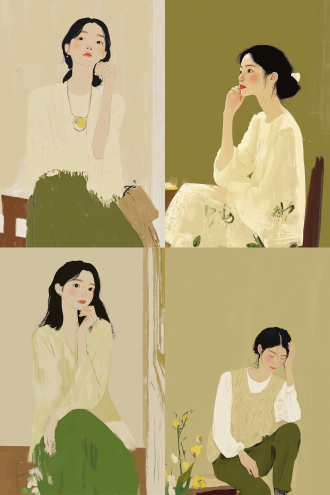 人物插画，三角构图，梦幻氛围，室内，冷色调，特写镜头，逆光，沉思与深情表情，单相思情感。 新艺术风格 毕加索