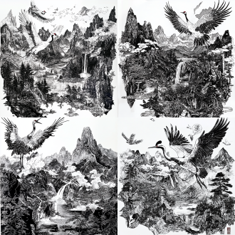 黑白木刻风格，优雅的仙鹤，传统的山水元素，吉祥图案，几只仙鹤在云雾缭绕的山间翩翩起舞。远处是连绵起伏的山脉，山脉用淡蓝色和灰色勾勒，山顶覆盖着皑皑白雪。山间有一条瀑布飞流直下，水花溅落在下方的湖泊中，泛起层层涟漪。湖泊边，生长着几棵古老的松树，松树枝干苍劲有力，松针翠绿欲滴。仙鹤的羽毛洁白如雪，它们的姿态优雅，有的展翅高飞，有的低头觅食。画面中还点缀着一些中国传统的吉祥云纹和如意图案，增添了吉祥如意的寓意。