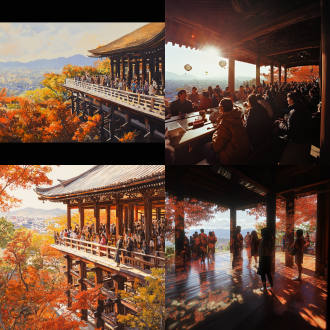 京都清水寺清晨赏枫祭，建筑枫叶光影交融，游人欢笑，全景，32k高清，侧光，欢快氛围