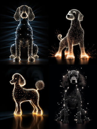 点线面 丝丝光轨粒子发光构绘出贵宾犬的轮廓，聪名活泼 性情优雅 高清细节 32k