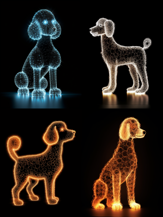 点线面 丝丝光轨粒子发光构绘出贵宾犬的轮廓，聪名活泼 性情优雅 高清细节 32k