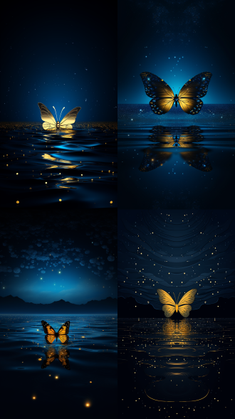 深蓝海面金色大蝴蝶飞过漆黑夜空，三分法构图，新插画广告风，极致简约，深蓝金黑配色，大师风格，8k高清。
