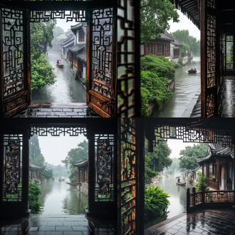 镜头在室内，画面为从古雅阁楼的雕花窗户向外望去，江南古镇正沉浸在如烟细雨中。下方蜿蜒的河道水波轻漾，一旁的青灰砖路湿漉漉的，泛着温润光泽。砖路两侧，葱郁绿植在雨中舒展，生机盎然。河边，古老的中式建筑静静伫立，青砖黑瓦在雨幕里愈发深沉，红色房梁鲜艳夺目，窗户上雕龙画凤的精美图案，似在诉说着往昔故事。澄澈河面上，一叶小舟缓缓划过，舟上撑伞之人仿佛是从水墨画中走出，为这静谧景致添了几分灵动。