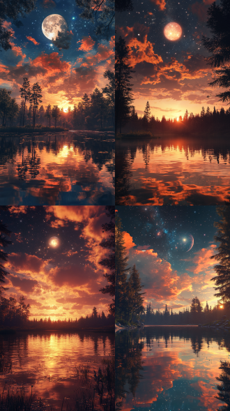 there is a lake surrounded by forest, sunset, galaxies in the sky reflected in the water, golden blue clouds, sunset red unrealengine, super realistic, intricate details and rich colors dreamy, the sky is full of redclouds,super wide-angle light , unreal engine, the bigmoon,4k hd,hd
