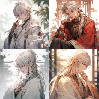 超清渲染动漫风格中国少男，银色长发，汉服，英俊自信，全身角色，自然色调，远景透视，高亮细节，古装风格，静态放松，高清画质，细腻纹理，柔和光线，唯美氛围，全身镜头，自然光，细节丰富，柔和色彩，放松表情，唯美风格，细腻质感，高清渲染，远景透视，自然色调，柔和光线。