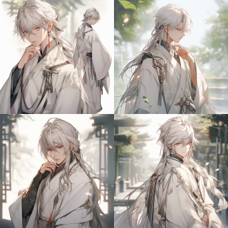 超清渲染动漫风格中国少男，银色长发，汉服，英俊自信，全身角色，自然色调，远景透视，高亮细节，古装风格，静态放松，高清画质，细腻纹理，柔和光线，唯美氛围，全身镜头，自然光，细节丰富，柔和色彩，放松表情，唯美风格，细腻质感，高清渲染，远景透视，自然色调，柔和光线。