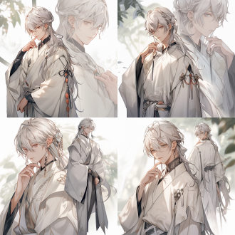 超清渲染动漫风格中国少男，银色长发，汉服，英俊自信，全身角色，自然色调，远景透视，高亮细节，古装风格，静态放松，高清画质，细腻纹理，柔和光线，唯美氛围，全身镜头，自然光，细节丰富，柔和色彩，放松表情，唯美风格，细腻质感，高清渲染，远景透视，自然色调，柔和光线。