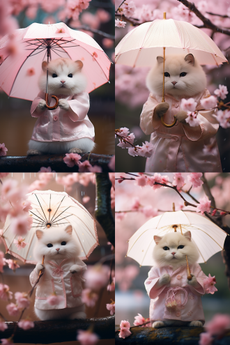 胖胖的白色布偶猫咪，樱花树下，花瓣飞舞，举着粉色油纸伞，穿着粉色中国汉服，阴天，湖畔，唯美治愈，柔和光线，长焦镜头，低对比度，细腻质感，平静表情，温暖色调，自然环境，宁静氛围。 超现实主义