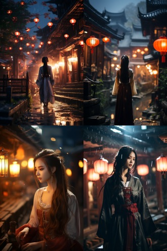 古镇夜晚灯火氛围，女人长发汉服，青石板路，木雕花房子，远景，暖色调，低光，广角镜头，侧光，宁静，治愈。 超现实主义 雨天背景 镜头光晕 汉服 亭子 中式赛博