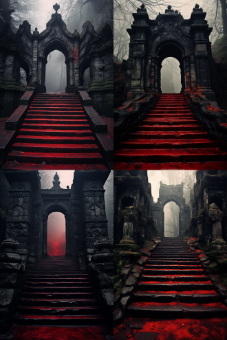 石头大门建筑，冥府之路，黑衣，灵魂，石阶，红色主调，压抑，黑暗，宏大画面，震撼，全景，迷雾，梦境，对称构图，高对比度，广角镜头，低光，阴郁，神秘，深红色，冷色调，静止，沉重，恐惧。