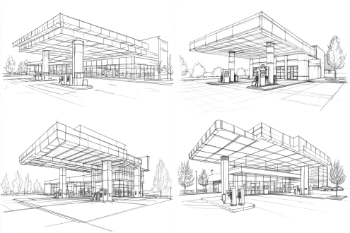 宏伟建筑，两点透视，计算机艺术，手绘效果图，加油站插画，线稿，现代建筑，概念设计，柱子旁边有加油机，简单线条，干净画面