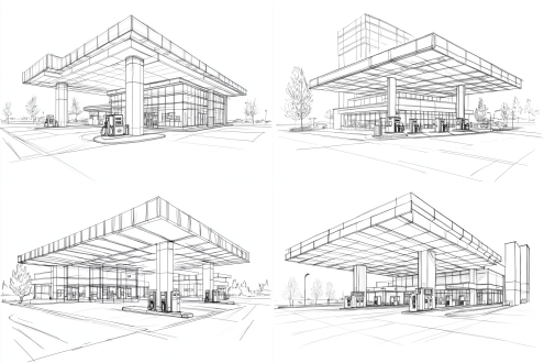 宏伟建筑，两点透视，计算机艺术，手绘效果图，加油站插画，线稿，现代建筑，概念设计，柱子旁边有加油机，简单线条，干净画面