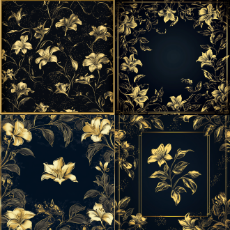 花纹，纹理，金属纹理，高端包装，黑色背景，矢量插画风格，复古封面，新艺术派植物