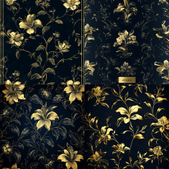 花纹，纹理，金属纹理，高端包装，黑色背景，矢量插画风格，复古封面，新艺术派植物