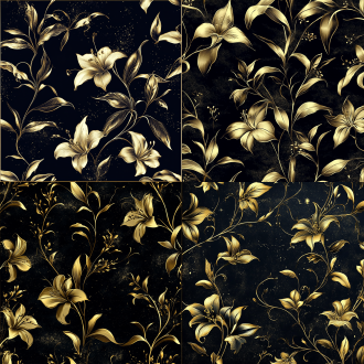 花纹，纹理，金属纹理，高端包装，黑色背景，矢量插画风格，复古封面，新艺术派植物