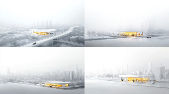 all white render, isometric views, widescreen shot, smooth stylized shapes, yellow grey and white color scheme, by hariton pushwagner, by nathan wyburn, white ambient background, animation illustrative style, very detailed, urban road, gas station