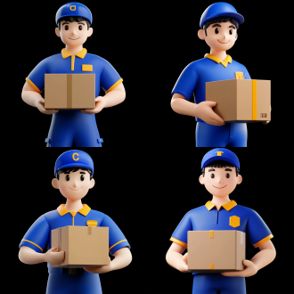 一个男性成年快递员，戴着蓝色鸭舌帽，抱着一个纸箱，穿着浅蓝色快递员制服，面带微笑，卡通形象，上半身照，3d渲染，纯黑色背景，正面光线