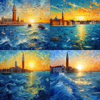 威尼斯，蓝色为主，西式油画，多种色彩，螺旋光纹，精细笔触，高饱和度，超高清，高饱和度，超现实插画，海边小镇，游艇，灯塔，游泳的人，海鸥，夕阳，突出海浪，梵高画风