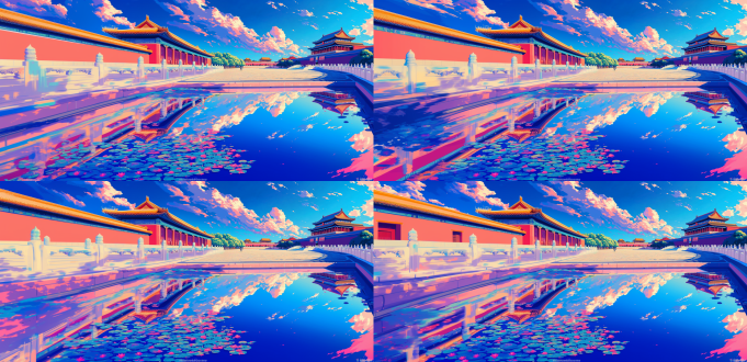 北京故宫，对角线构图，大胆图形插图风，鲜艳背景，高对比度，平面矢量，长焦镜头，顶光，现代感，多留白，线条简洁，庄重威严。