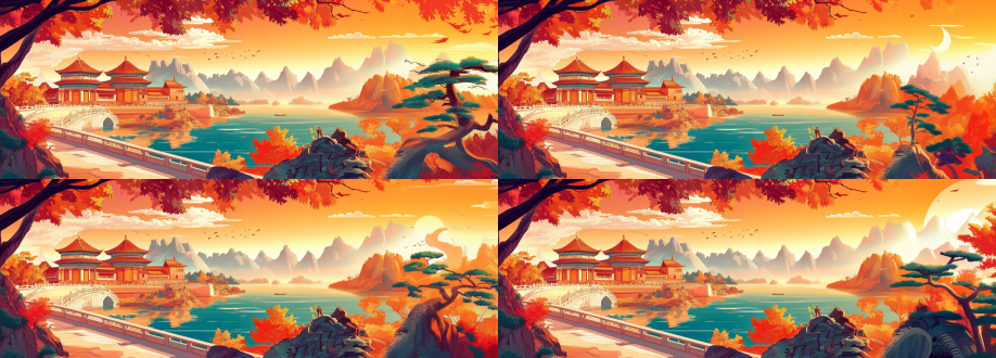 中国古代建筑与山水画融合，对角线构图，大胆图形插图风，鲜艳背景，高对比度，平面矢量，长焦镜头，顶光，多留白，线条简洁，庄重典雅。