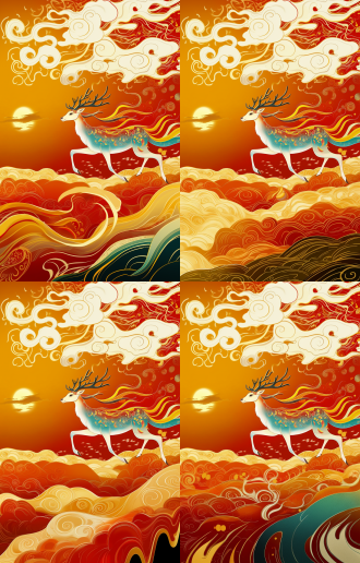 奔鹿于橙红色背景，对角线构图留白多，传统风格，暖色调，色彩鲜艳对比度高，定焦镜头，正面光，细节丰富，鹿欢快可爱线条畅，动感，祥瑞喜庆。