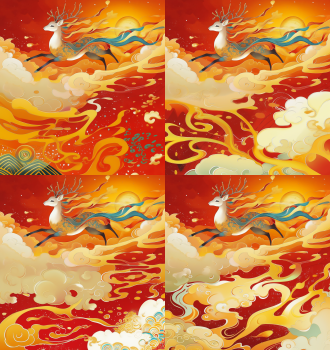 奔鹿于橙红色背景，对角线构图留白多，传统风格，暖色调，色彩鲜艳对比度高，定焦镜头，正面光，细节丰富，鹿欢快可爱线条畅，动感，祥瑞喜庆。