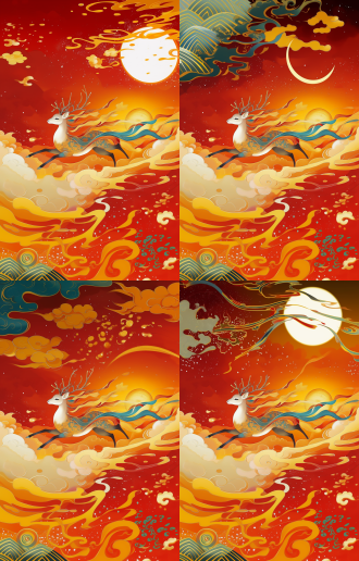 奔鹿于橙红色背景，对角线构图留白多，传统风格，暖色调，色彩鲜艳对比度高，定焦镜头，正面光，细节丰富，鹿欢快可爱线条畅，动感，祥瑞喜庆。