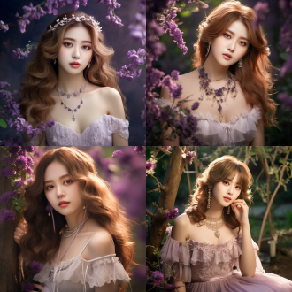 韩式美妆，浅白发，深紫眼，微笑，白色蕾丝裙，眼下一痣，写实照片，高画质，细腻美丽，8k壁纸，精致细节，电影灯光，透明感，户外，珠宝，项链，粉色眼，发饰，发花，链条，高对比度，自然光，广角镜头，柔和色调，优雅，喜悦。