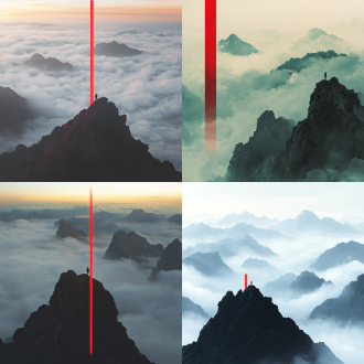 梵高风格，中国山水，极简主义，全景，远山，人物站在山顶，左下角红色竖线，前方是雾气云海，高饱和度，暖色调，广角镜头，逆光，柔和光线，宁静，神秘。