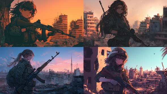 女性，20岁，雇佣兵，双手持有一把ak47步枪，背景是一片被战火摧残的城市