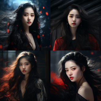 女孩solo，闪亮黑色长发，五官高光，化妆，红唇，银河般眼睛，刘亦菲般，最高画质，最佳杰作，高分辨率，特写镜头，柔和光线，细腻肌肤，梦幻氛围，冷色调，神秘感，优雅姿态，自信表情，艺术风格，超现实主义，光影对比，精致妆容，迷人魅力。