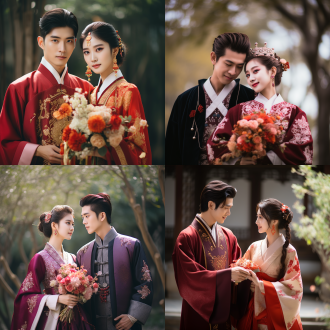 中式婚礼，亮紫红色调，汉服，金饰，才子佳人，新郎深情新娘，婚礼仪式，对称构图，苏州园林，江南风光，长焦镜头，远景，柔和自然光，深情对视，幸福微表情，传统元素，8k分辨率