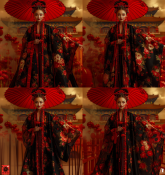 中国女人走在故宫，中景，对称构图，古建筑背景，传统服饰，微笑，柔和自然光，广角镜头，长曝光，宁静，历史感，暖色调。