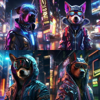 一只穿着全息赛博朋克服装的狗::0.6，卡通，迪士尼风格，周围是霓虹灯城市景观反射，vray 渲染，光线追踪，次表面散射