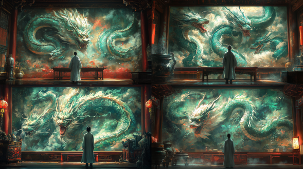 中国古代一书生，穿灰色长袍，站在书房里墙壁前，墙上那形态各异的中国龙画像栩栩如生，仿佛要破壁而出；家具上的龙纹雕刻精美绝伦，动漫风格，自然光照，高清