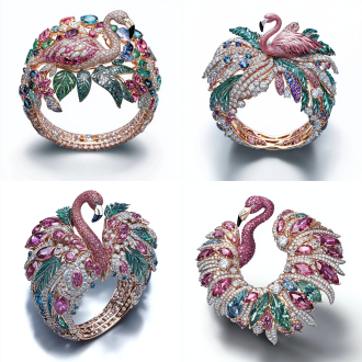 中文翻译: “设计一款以火烈鸟与热带植物元素为主题的高级珠宝戒指，采用彩色宝石、钻石和18k金精心打造。采用高级珠宝的工艺，如群镶，密钉镶，雪花镶，爪镶等设计应体现宝格丽风格的艺术优雅，呈现鲜明而抽象的火烈鸟形象，火烈鸟是用宝石做成的，火烈鸟与戒指融为一体，环绕以热带植物与花卉。用水彩形式将珠宝手绘设计图绘制在灰色卡纸上，注重细节清晰，突显钻石的璀璨、彩色宝石的明艳色彩及黄金的质感。画作应展现高雅气质、艺术感与奢华感，同时具备实用性，并以优雅不俗气的方式呈现。”