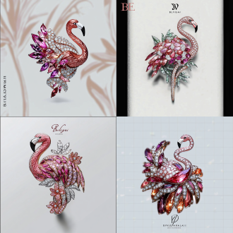 “设计一款以火烈鸟元素为主题的高级珠宝戒指，采用彩色宝石搭配钻石和18k金打造。采用高级珠宝的工艺，如群镶，密钉镶，雪花镶，爪镶等设计应体现宝格丽风格的艺术优雅，呈现鲜明而抽象的火烈鸟形象，火烈鸟是用宝石做成的，火烈鸟与戒指融为一体，环绕以热带植物与花卉。注重细节清晰，突显钻石的璀璨、彩色宝石的明艳色彩，画作应展现高雅气质与奢华感，简约大气，同时具备实用性，并以优雅不俗气的方式呈现。”