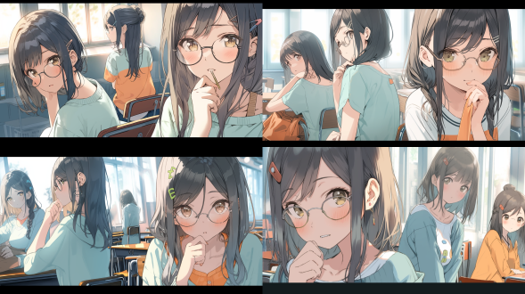 高中女生坐在教室桌前，旁边两个女生坐在椅子上，书包放在旁边，日本动漫风格，浅蓝色调，简单背景，东京城市高中制服，窗外近距离拍摄，宫崎骏风格，柔和光线，细节清晰，静谧氛围，青春气息。