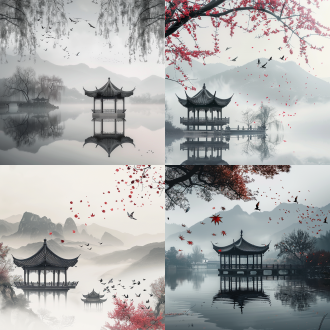 落花飘零，烟雨江南，中式古楼台，远山朦胧，垂柳，飞燕，对称构图，柔和色调，水墨风格，长焦镜头，低光，慢快门，静谧，诗意。