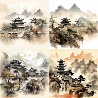 国画风格山水楼台亭格远山留白，对称构图，水墨渲染，远景，淡雅色调，长焦镜头，柔和光线，静谧，禅意。