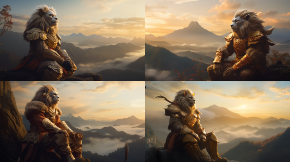 孙悟空坐姿铠甲沉思状态金箍棒山野背景，半身像，自然光，柔和色调，远景，长焦镜头，山峦环绕，云雾缭绕，金属质感，深邃眼神，沉静，神秘。 侧身 启示录荒野 丁达尔效应 塔西姆辛 异色瞳