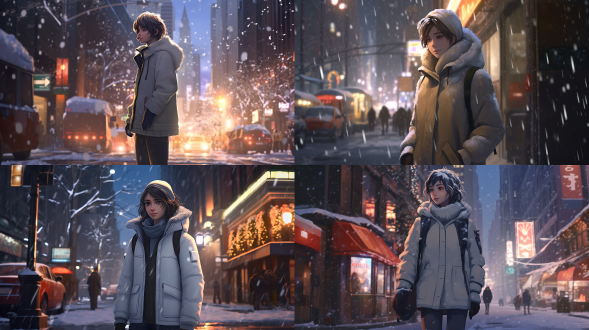 低角度侧面全身照，美丽女性，173厘米，短发至耳，略深肤色，自信帅气，白色毛衣，黑色羽绒服，灰色及膝长裙，城市街道大雪覆盖，新海诚风格，2k高清，动作捕捉，暖光但整体冷色调，广角镜头，侧光，高对比度，冷静，城市，雪景。