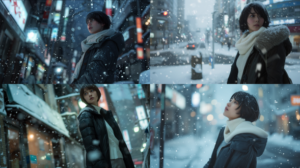 低角度侧面全身照，美丽女性，173厘米，短发至耳，略深肤色，自信帅气，白色毛衣，黑色羽绒服，灰色及膝长裙，城市街道大雪覆盖，新海诚风格，2k高清，动作捕捉，暖光但整体冷色调，广角镜头，侧光，静态，冷静。