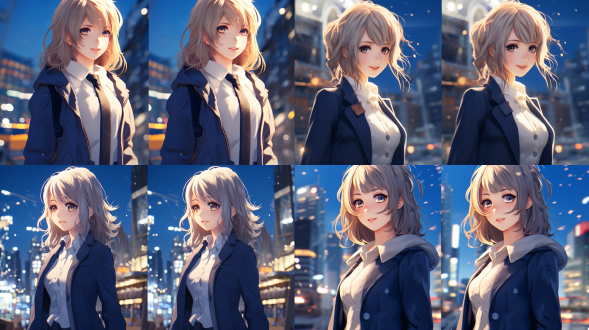 低角度侧面全身照，美丽女子，173厘米，短发至耳，略深肤色，自信帅气，白色毛衣，黑色羽绒服，灰色及膝长裙，城市街道大雪覆盖，新海诚风格，2k高清，动作捕捉，暖光但整体冷色调，广角镜头，侧光，高对比度，静态，冷暖对比。