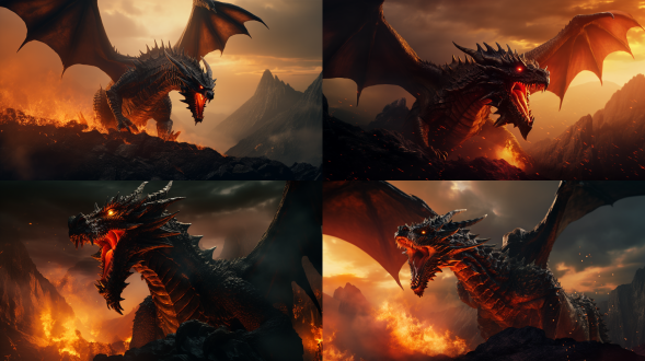 恶龙咆哮，火焰环绕，荒野峡谷，烟雾弥漫，8k写实，广角镜头，逆光，高对比度，动态模糊，威严，恐惧，暗色调，细节丰富。 核废料光 皮革 日落渐变